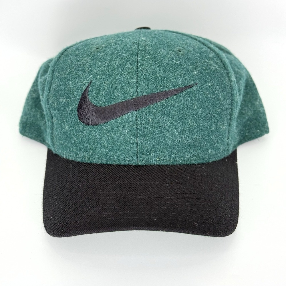 VTG‎ 6-Panel Nike Wool Strapback Hat Green Black Swoosh Logo Adult OS Taiwan 90s